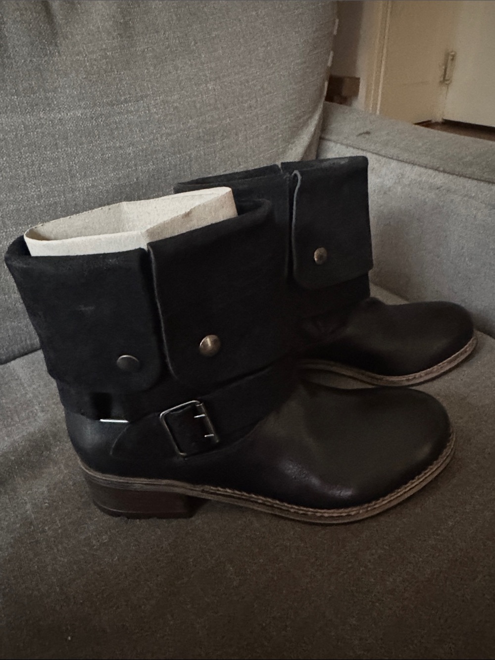 Clarks Black Leather & Suede Buckle Fold-Over Ankle Boots